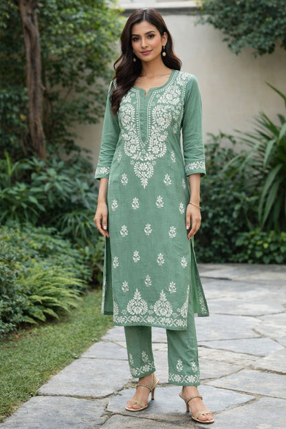 Women’s Maslin Kurti Pant Set, Sage Green Printed Straight Kurta with Matching Pants, Soft Breathable Ethnic Wear