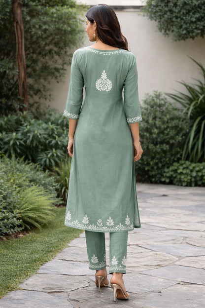 Women’s Maslin Kurti Pant Set, Sage Green Printed Straight Kurta with Matching Pants, Soft Breathable Ethnic Wear