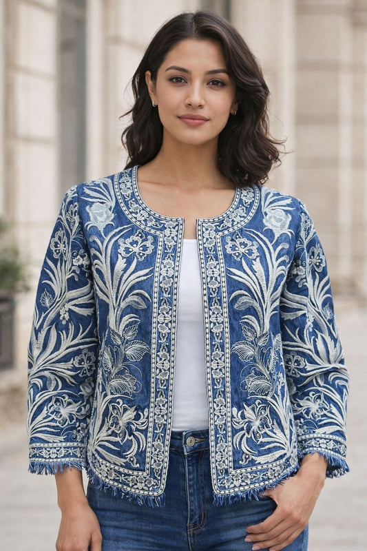 Natural Fab Women’s Cotton Denim Jacket, Handcrafted Embroidered Blue Casual Layering Jacket