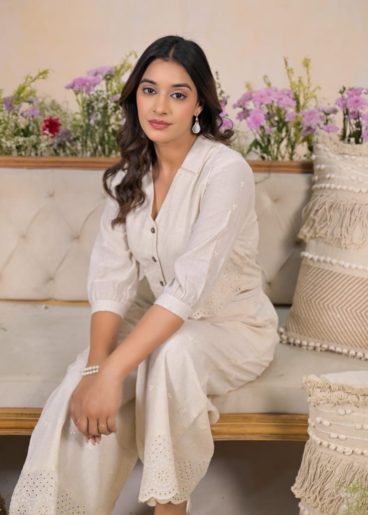 Women Off-White Cotton Embroidered Co-Ord Set