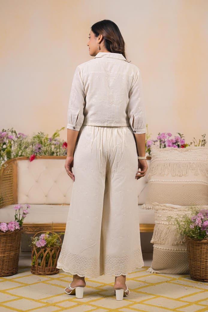 Women Off-White Cotton Embroidered Co-Ord Set