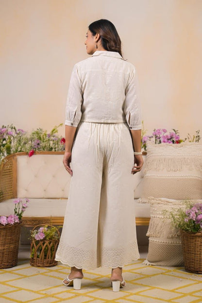 Women Off-White Cotton Embroidered Co-Ord Set