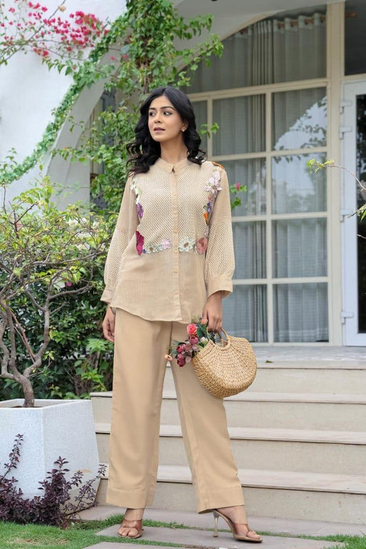Women Beige Embroidered Co-Ord Set