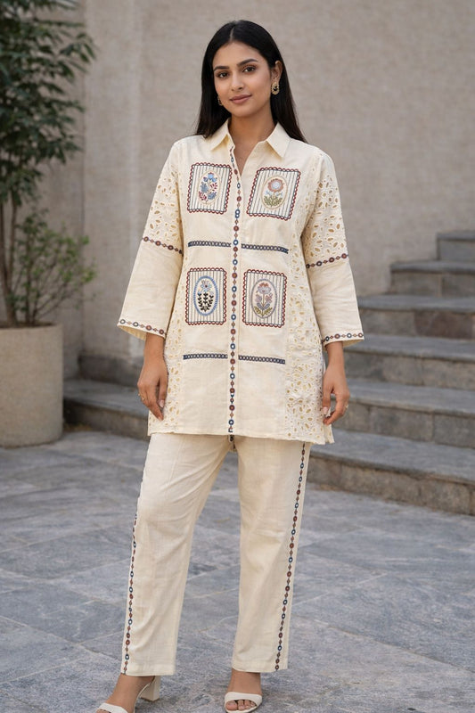 Women’s Cotton Co ord set with Embroidered Panels | Handcrafted Ethnic Co-Ord, Soft & Breathable