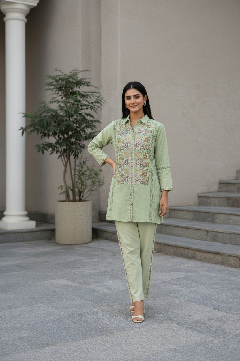 Women’s Cotton Embroidered Co-Ord Set | Handcrafted Floral Co ord Set, Soft & Breathable