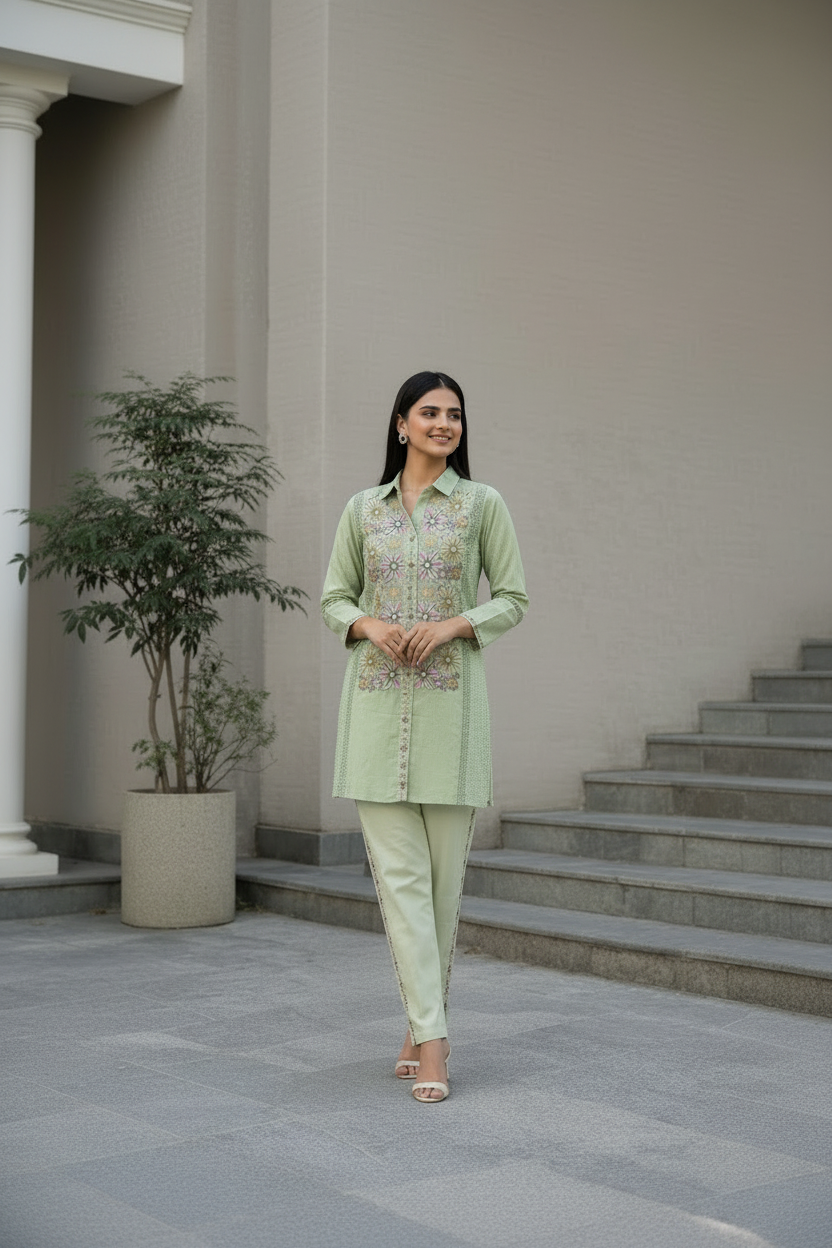 Women’s Cotton Embroidered Co-Ord Set | Handcrafted Floral Co ord Set, Soft & Breathable