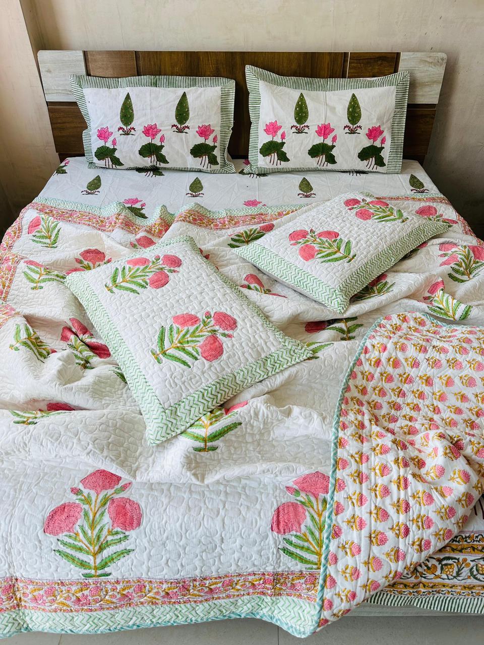 Natural Fab Cotton Handblock Print King Size Bedsheet with Comforter Set, 6 Pieces (1 Bedsheet 108x108 + 4 Pillow Covers + 1 Comforter), Floral Pink White
