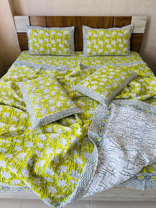 Natural Fab Cotton Floral Print King Size Bedsheet with Comforter Set, 6 Pieces (1 Bedsheet 108x108 + 4 Pillow Covers + 1 Comforter), Yellow & White