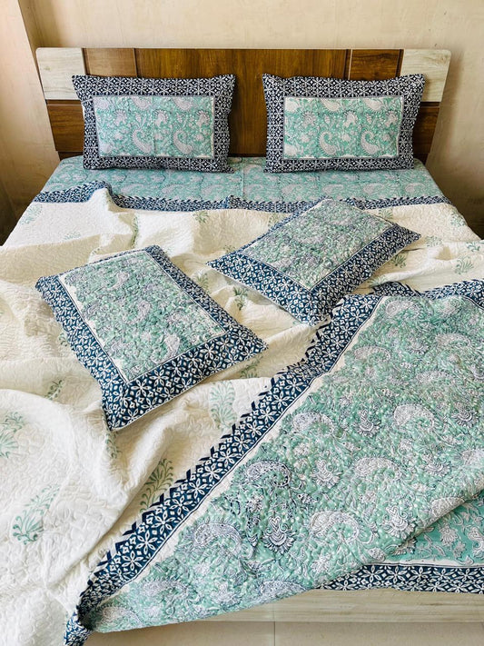 Natural Fab Cotton Printed King Size Bedsheet with Comforter Set, 6 Pieces (1 Bedsheet 108x108 + 4 Pillow Covers + 1 Comforter), Green & Blue Floral