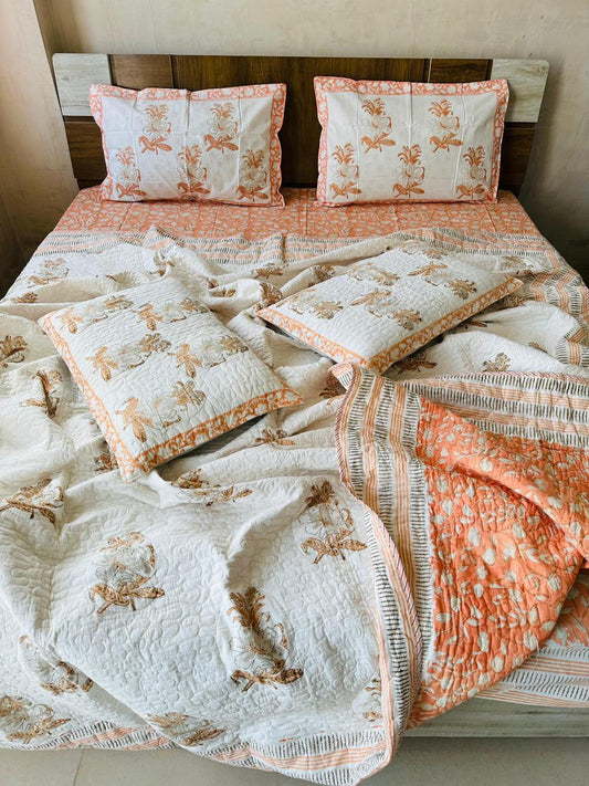 Natural Fab Cotton Floral Print King Size Bedsheet with Comforter Set, 6 Pieces (1 Bedsheet 108x108 + 4 Pillow Covers + 1 Comforter), Peach & White