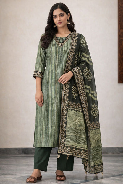 Women Olive Green Printed Kurti Set with Dupatta | Cotton Blend Straight Kurta Pant Set