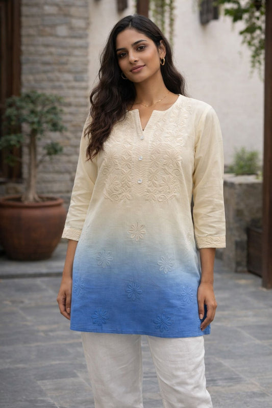 Women’s Short Cotton Kurti | Ombre Dyed Embroidered Kurta | Comfortable Everyday Wear