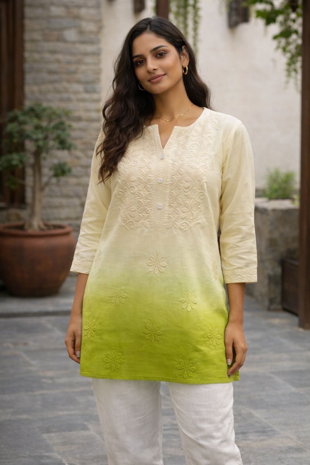 Women’s Short Cotton Kurti | Green Ombre Dyed Embroidered Kurta | Comfortable Everyday Wear