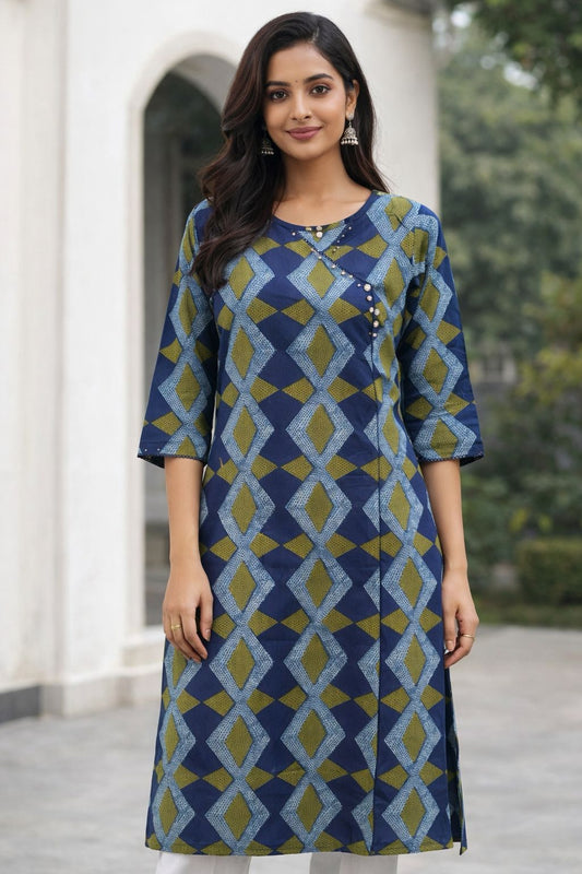 Women Navy Blue Printed Cotton Kurti | 3/4 Sleeve Straight Fit Ethnic Kurta for Daily & Office Wear