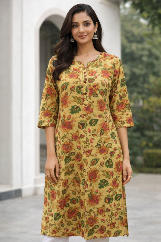 Women Mustard Yellow Floral Printed Cotton Kurti | 3/4 Sleeve Straight Fit Ethnic Kurta for Daily Wear
