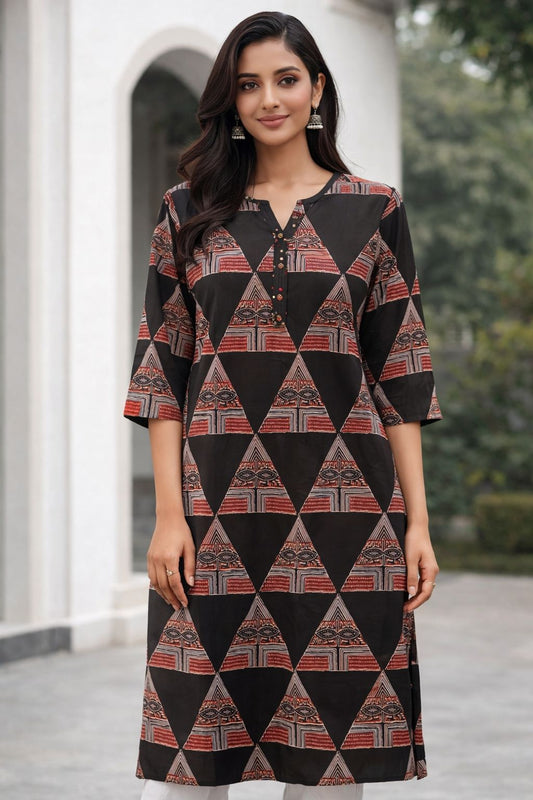 Women Black Geometric Printed Cotton Kurti | 3/4 Sleeve Straight Fit Ethnic Kurta for Daily Wear