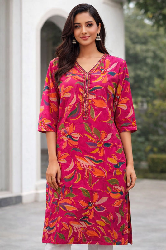 Women Pink Floral Printed Cotton Kurti | 3/4 Sleeve Straight Fit Ethnic Kurta for Daily & Festive Wear