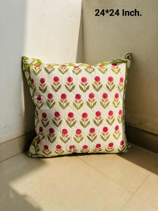 Hand Block Printed Cotton Cushion Cover 24x24 Inch | Quilted Pink Floral Sofa Cushion Cover | Natural Fab