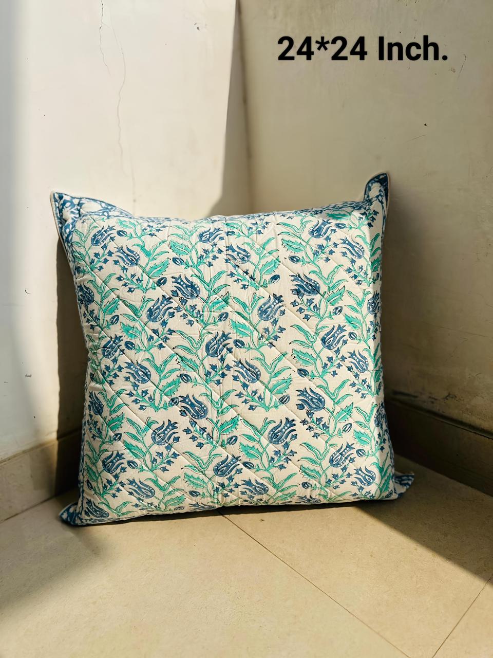 Hand Block Printed Cotton Cushion Cover 24x24 Inch | Quilted Blue & Green Floral Sofa Cushion Cover | Natural Fab