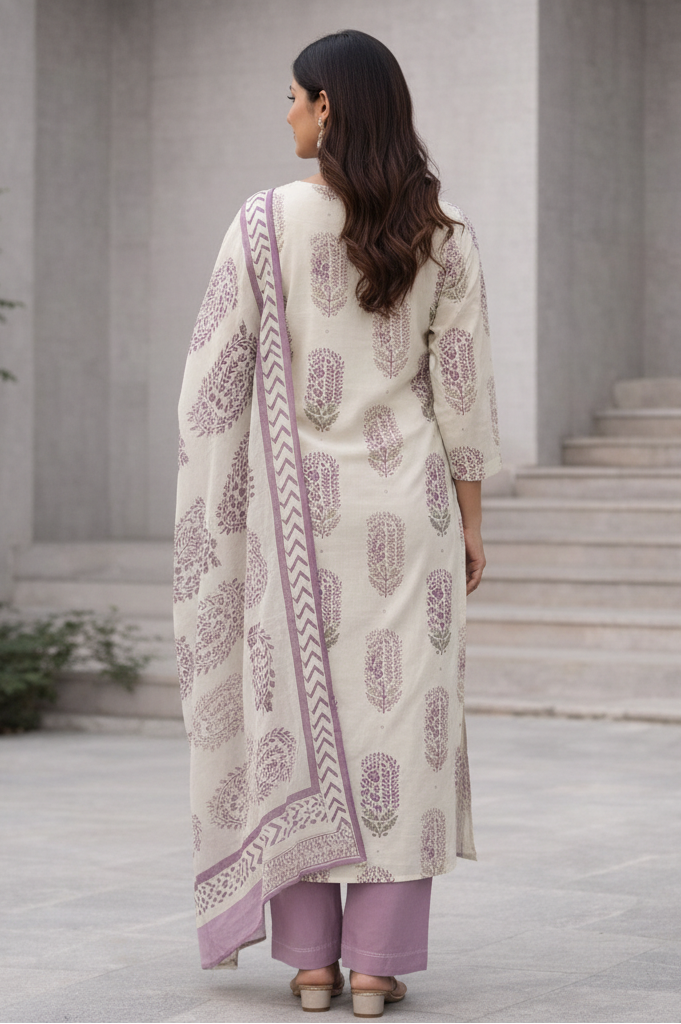 Printed Kurti Set with Purple Pants & Dupatta