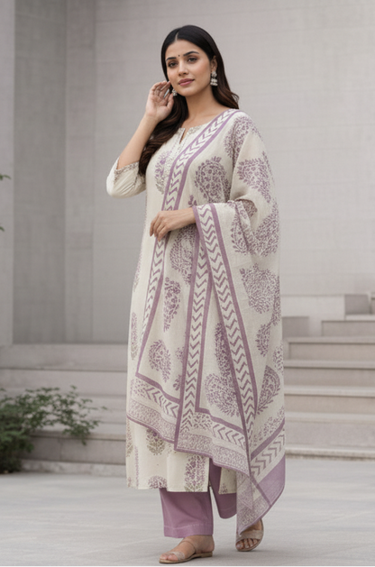 Printed Kurti Set with Purple Pants & Dupatta