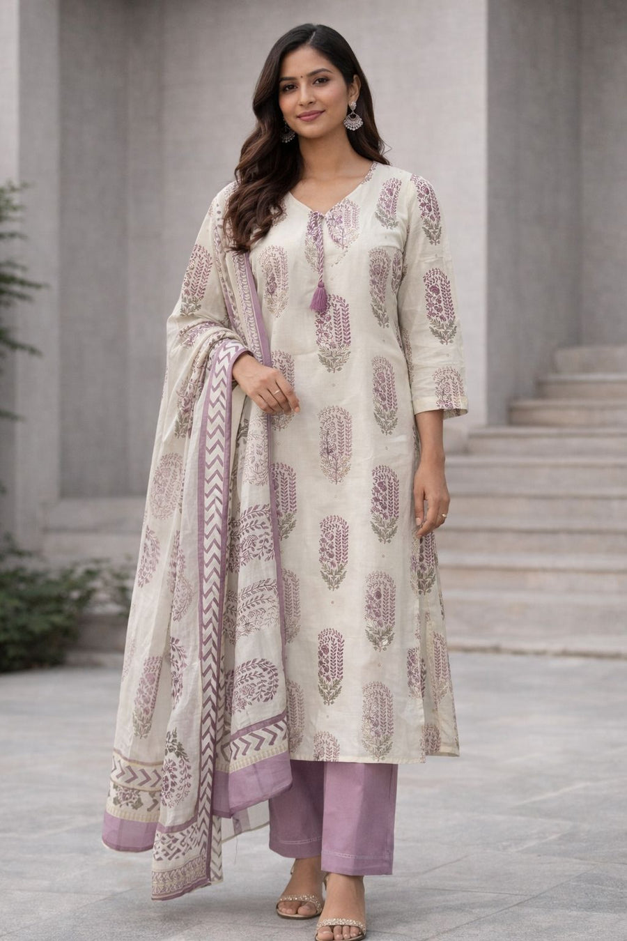 Printed Kurti Set with Purple Pants & Dupatta