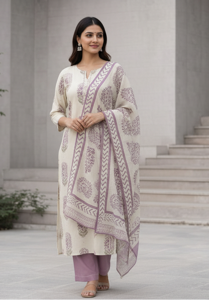 Printed Kurti Set with Purple Pants & Dupatta