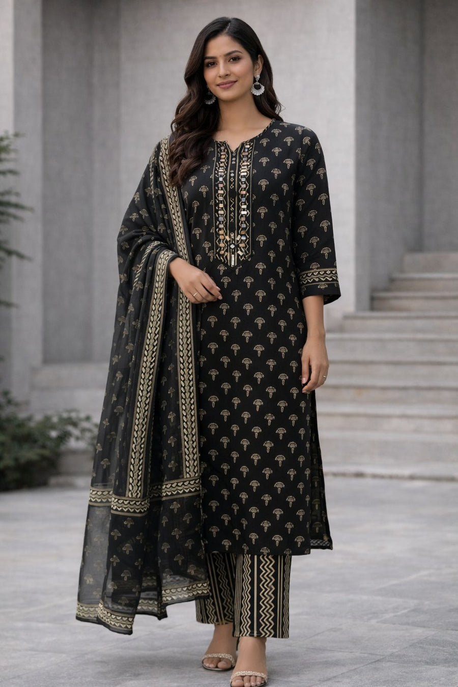 Black Printed Kurti Set with Gold Motifs, Pants & Dupatta