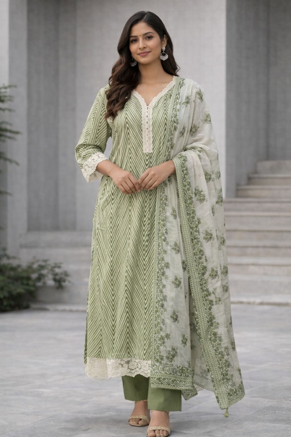 Sage Green Printed Kurti Set with Pants & Floral Dupatta