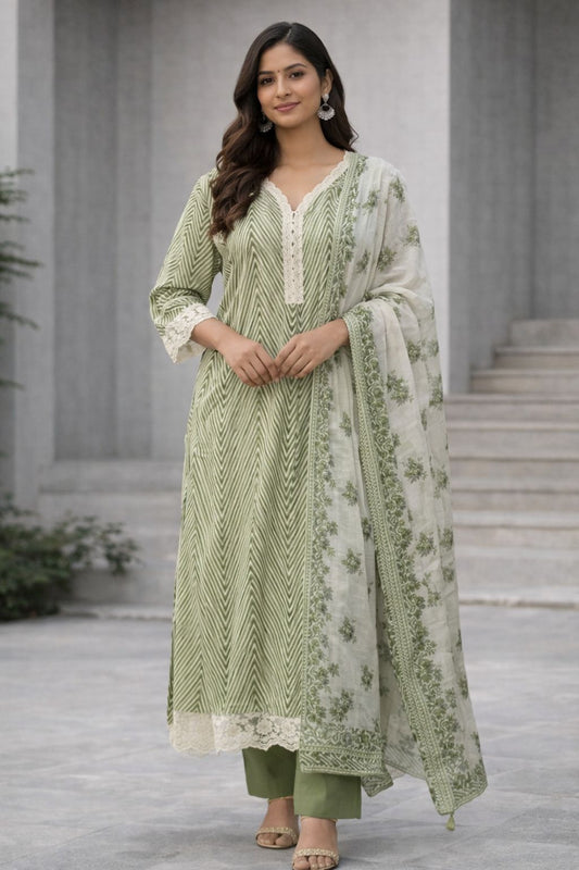 Sage Green Printed Kurti Set with Pants & Floral Dupatta
