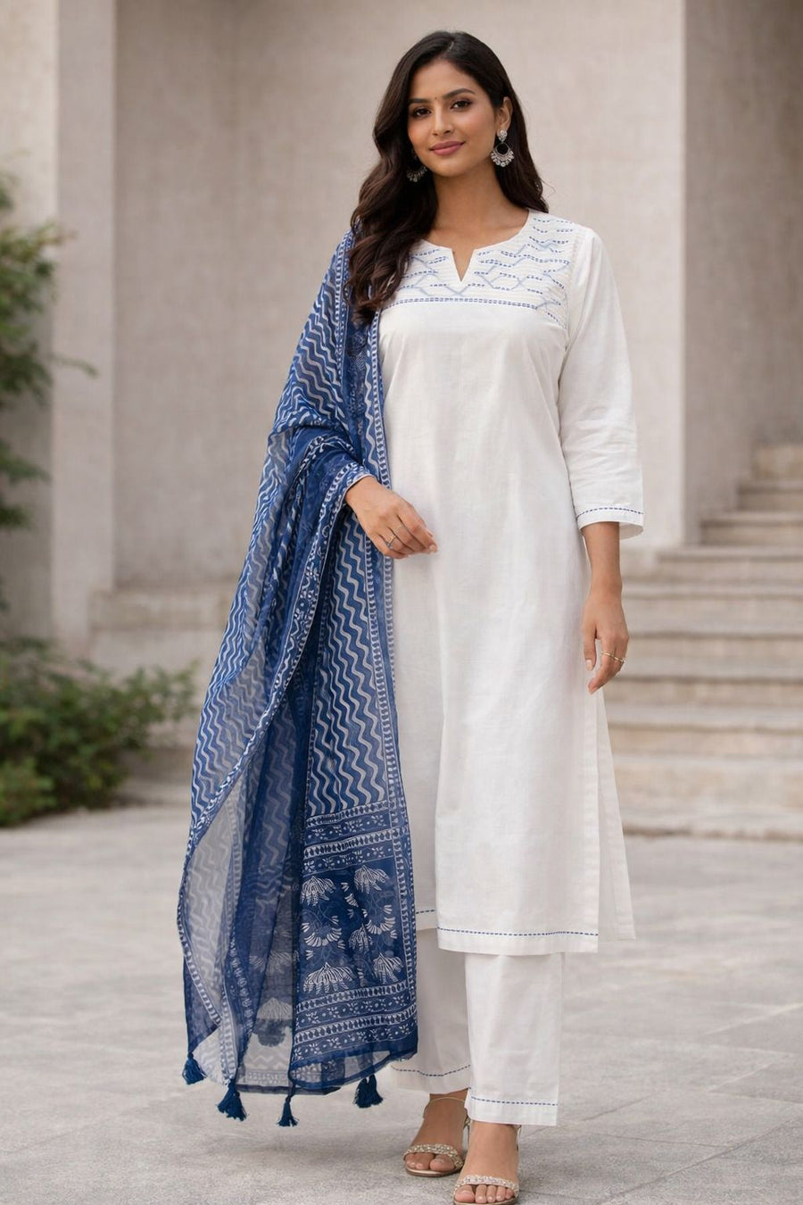 White Embroidered Straight Kurta Set with Pants & Blue Printed Dupatta