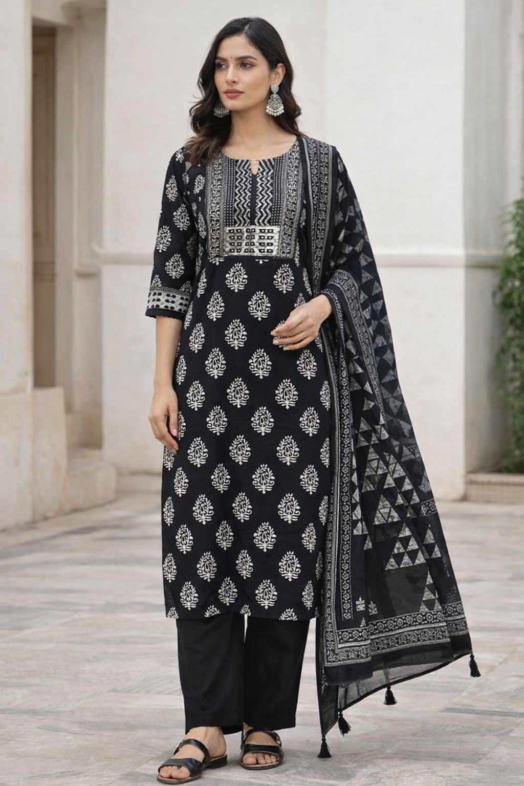 Black Cotton Hand Block Print Kurti Set with Dupatta | Ethnic Printed Kurta Pant Set for Women – Natural Fab
