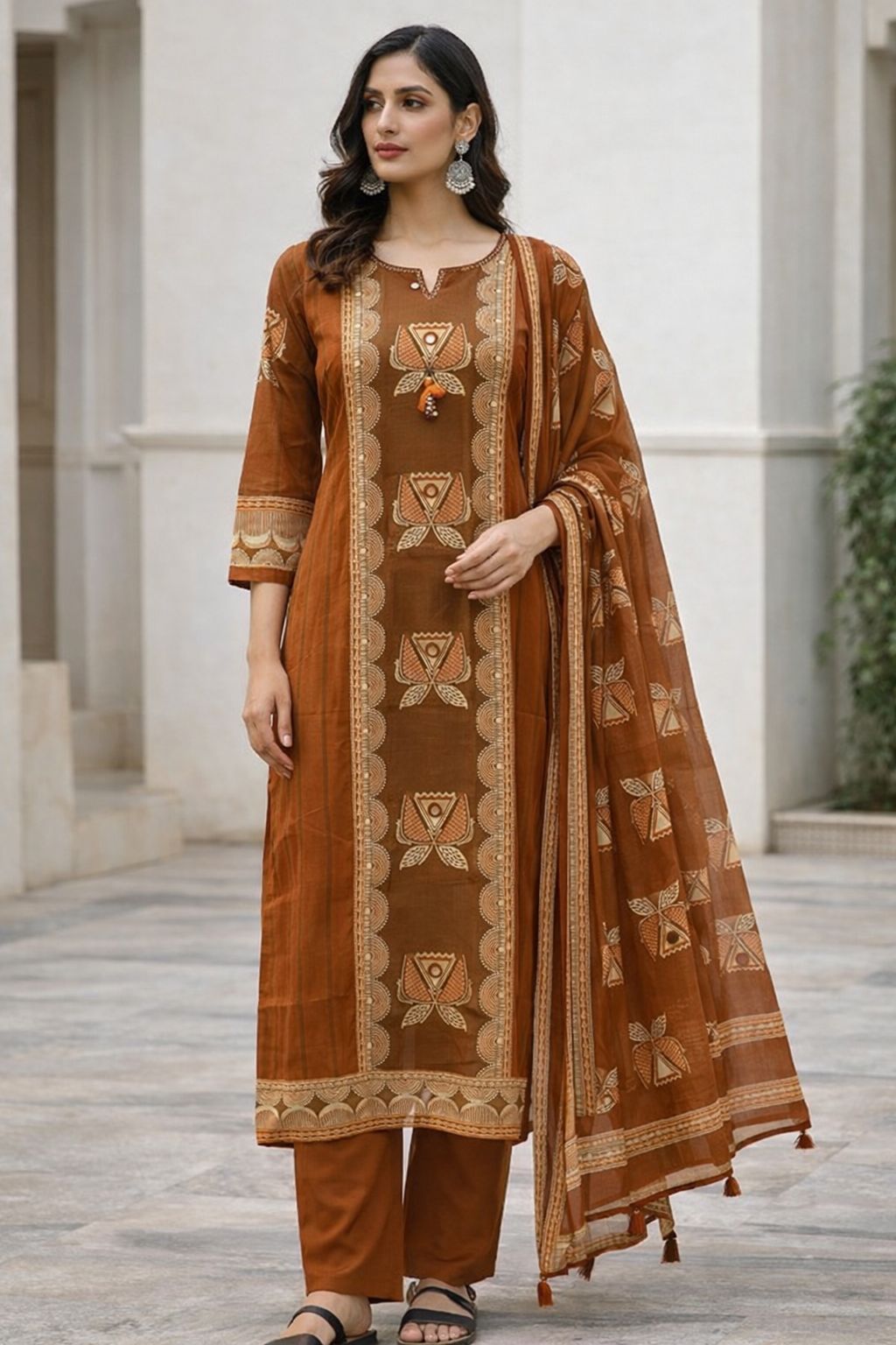 Brown Cotton Hand Block Print Kurti Set with Dupatta | Ethnic Kurta Pant Set for Women – Natural Fab