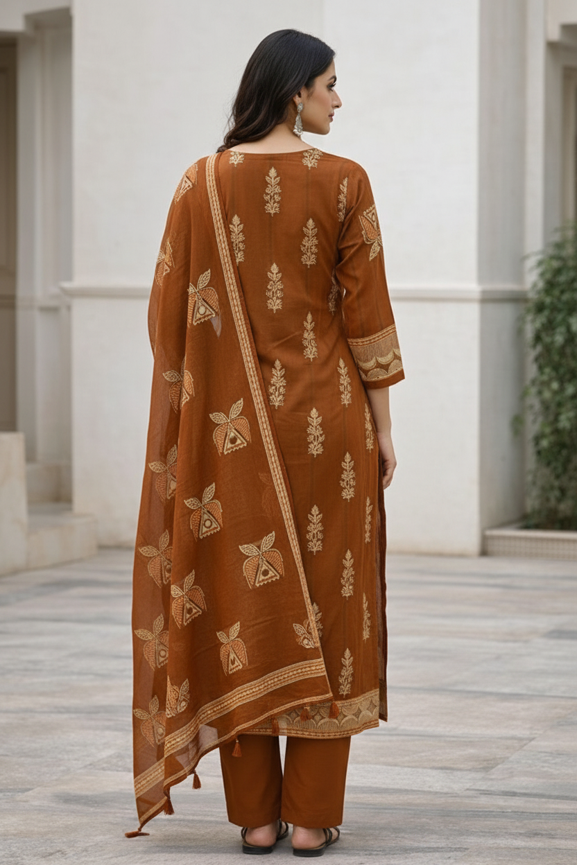 Brown Cotton Hand Block Print Kurti Set with Dupatta | Ethnic Kurta Pant Set for Women – Natural Fab