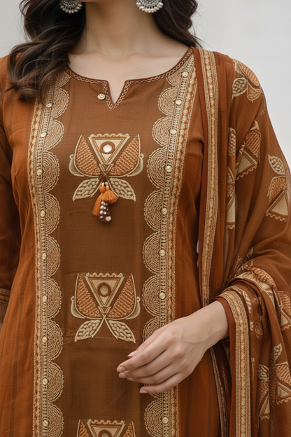 Brown Cotton Hand Block Print Kurti Set with Dupatta | Ethnic Kurta Pant Set for Women – Natural Fab