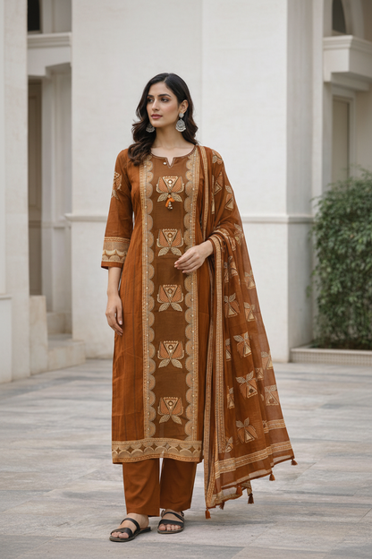 Brown Cotton Hand Block Print Kurti Set with Dupatta | Ethnic Kurta Pant Set for Women – Natural Fab