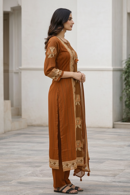 Brown Cotton Hand Block Print Kurti Set with Dupatta | Ethnic Kurta Pant Set for Women – Natural Fab