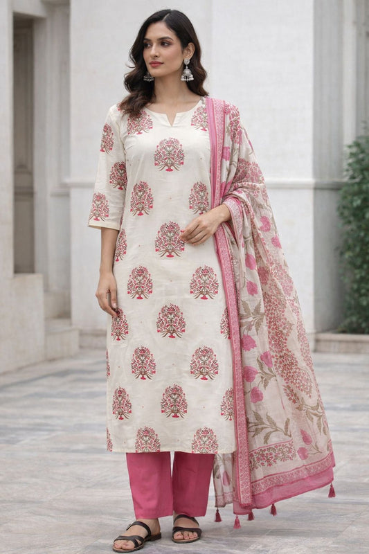 Off White Cotton Hand Block Print Kurti Set with Pink Dupatta | Ethnic Kurta Pant Set for Women – Natural Fab
