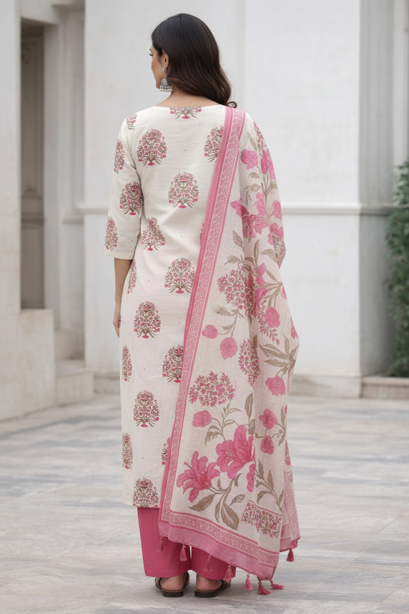 Off White Cotton Hand Block Print Kurti Set with Pink Dupatta | Ethnic Kurta Pant Set for Women – Natural Fab