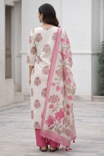 Off White Cotton Hand Block Print Kurti Set with Pink Dupatta | Ethnic Kurta Pant Set for Women – Natural Fab