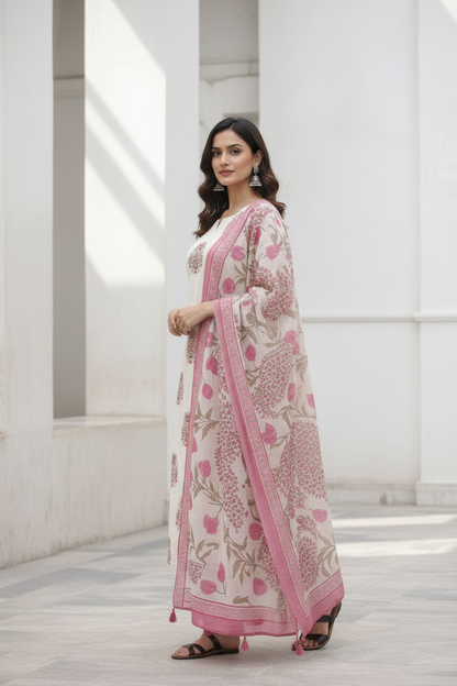 Off White Cotton Hand Block Print Kurti Set with Pink Dupatta | Ethnic Kurta Pant Set for Women – Natural Fab