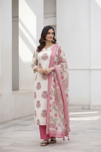 Off White Cotton Hand Block Print Kurti Set with Pink Dupatta | Ethnic Kurta Pant Set for Women – Natural Fab