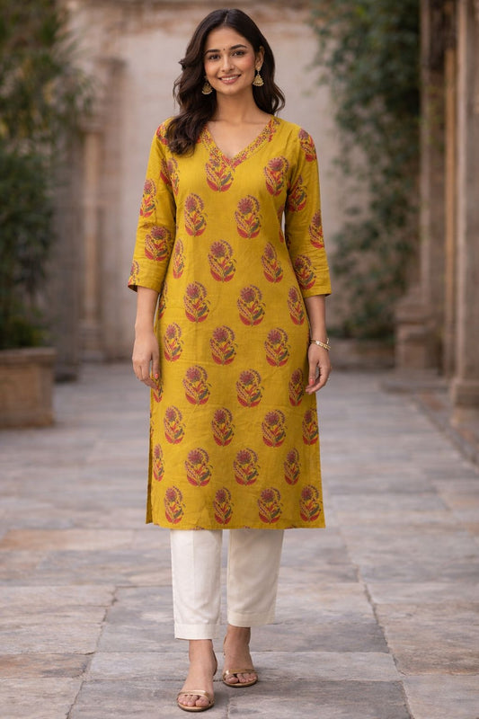 Mustard Yellow Cotton Hand Block Print Straight Kurti for Women | 3/4 Sleeve Everyday Ethnic Kurta