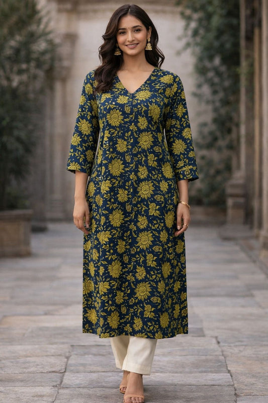Navy Blue Cotton Hand Block Print Straight Kurti for Women | Floral Ethnic Kurta with 3/4 Sleeves