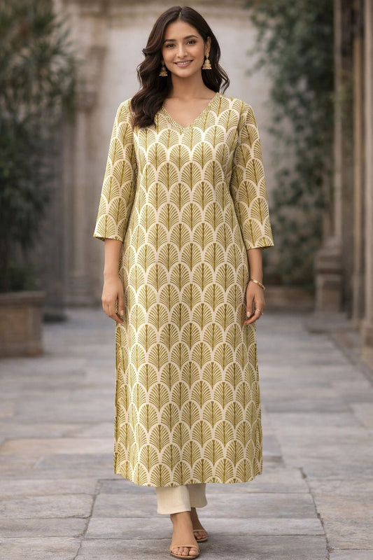 Ivory Cotton Hand Block Print Straight Kurti for Women | Elegant Ethnic Kurta with 3/4 Sleeves