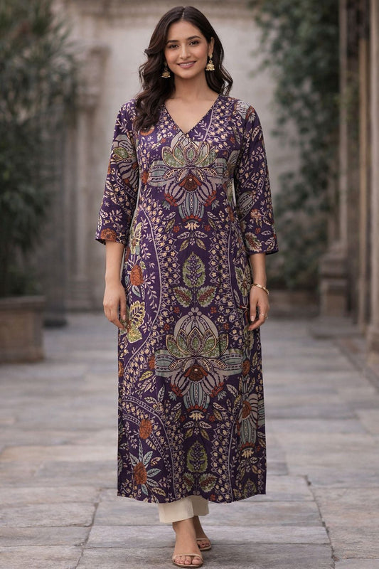 Purple Cotton Hand Block Print Straight Kurti for Women | Floral Ethnic Kurta with 3/4 Sleeves