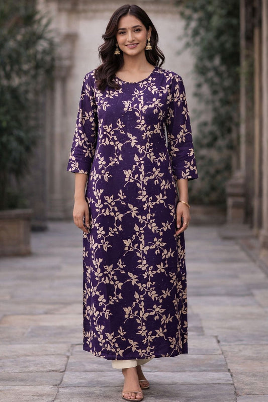 Purple Cotton Hand Block Print Straight Kurti for Women | Floral Vine Ethnic Kurta with 3/4 Sleeves
