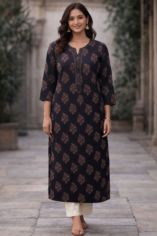Black Cotton Hand Block Print Straight Kurti for Women | Classic Ethnic Kurta with 3/4 Sleeves