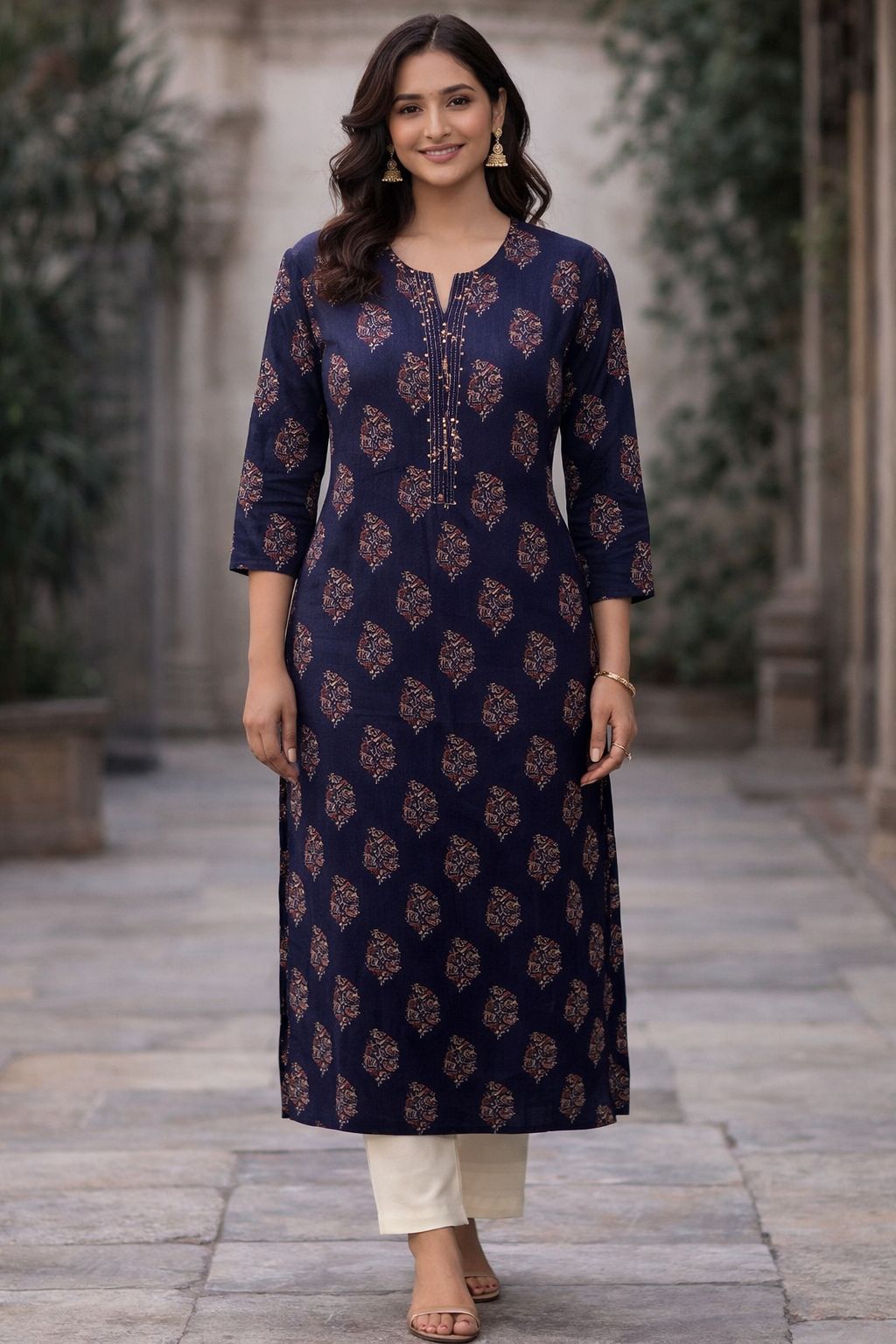 Navy Blue Cotton Hand Block Print Straight Kurti for Women | Classic Ethnic Kurta with 3/4 Sleeves