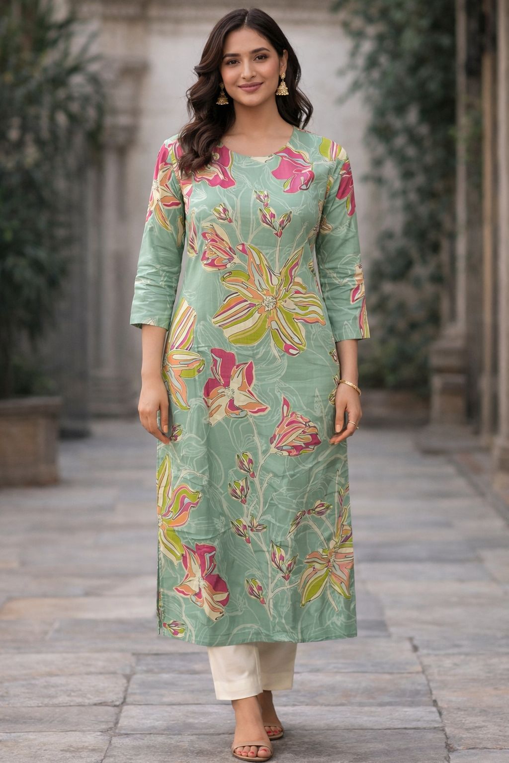 Sea Green Cotton Floral Print Straight Kurti for Women | Elegant Everyday Ethnic Kurta with 3/4 Sleeves